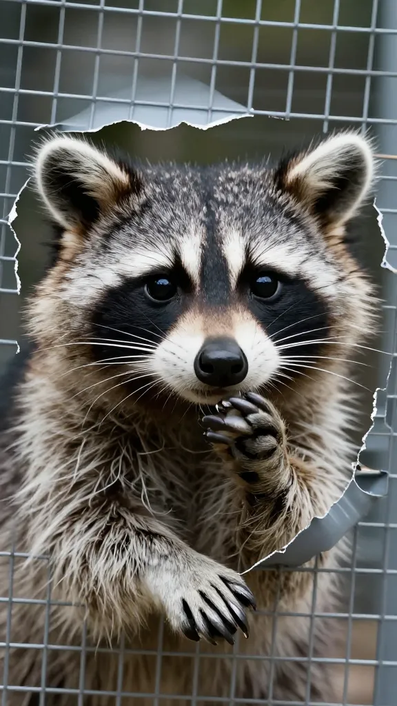 closeup raccoon paw gripping torn hardware cloth