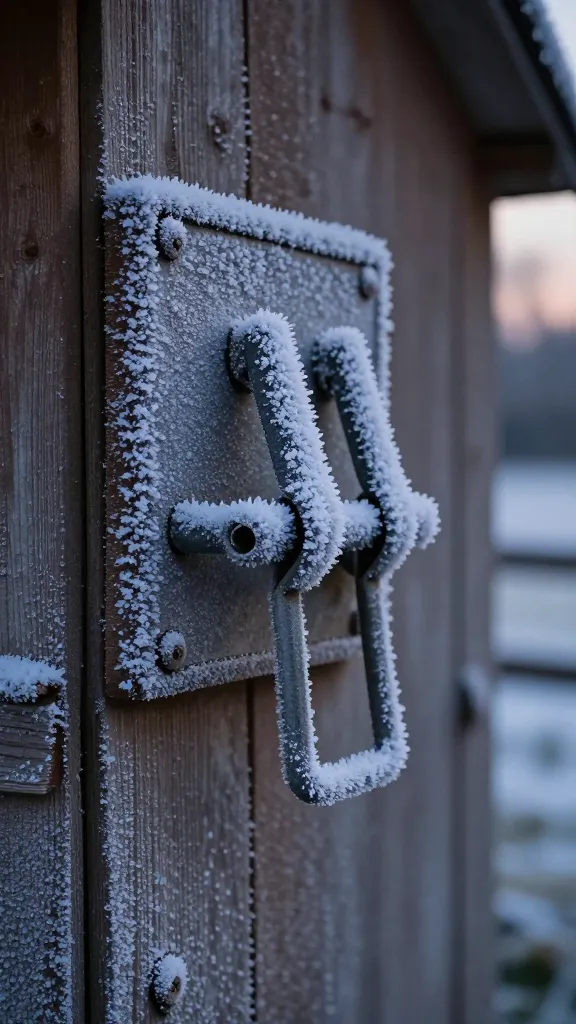 frost-covered chicken coop latch at dusk