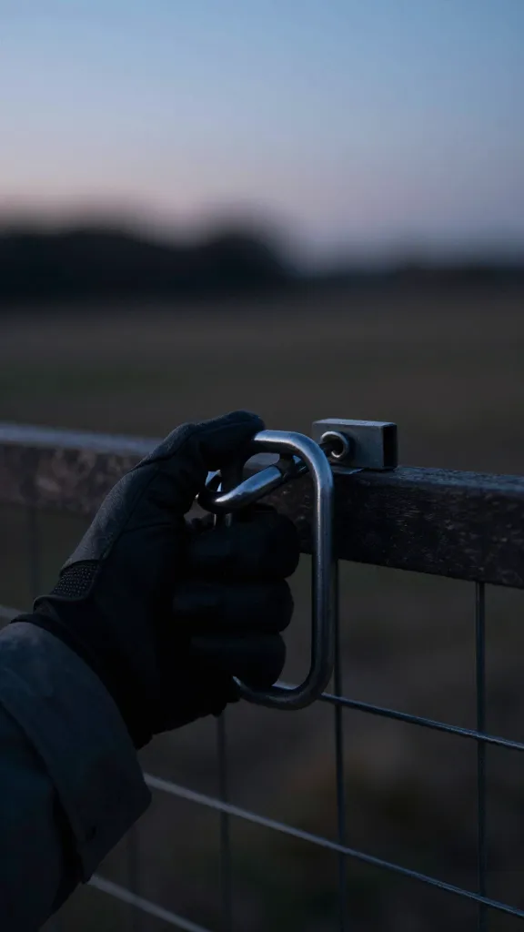 gloved hand locking coop hasp at twilight