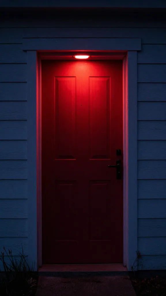 single red dusk light on coop doorway