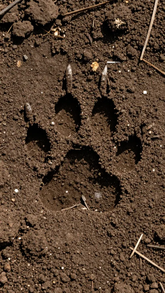 closeup raccoon paw print in damp coop soil