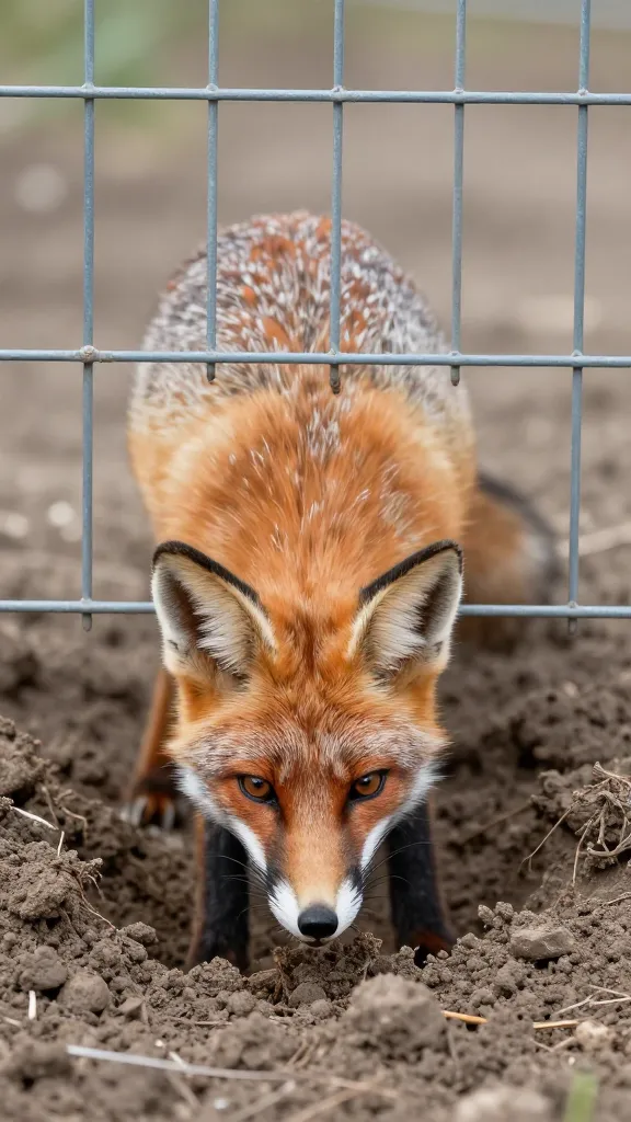 fox digging hole under welded wire apron, macro