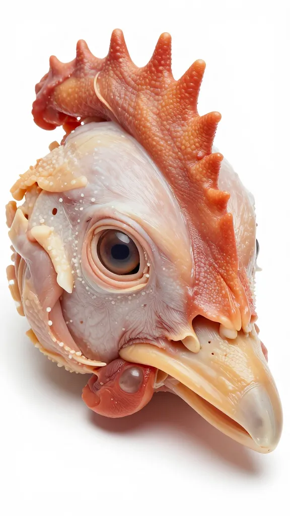 cleanly decapitated chicken head, forensic closeup