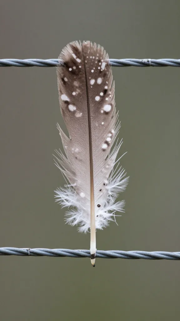 barred owl feather caught on exterior wire seam