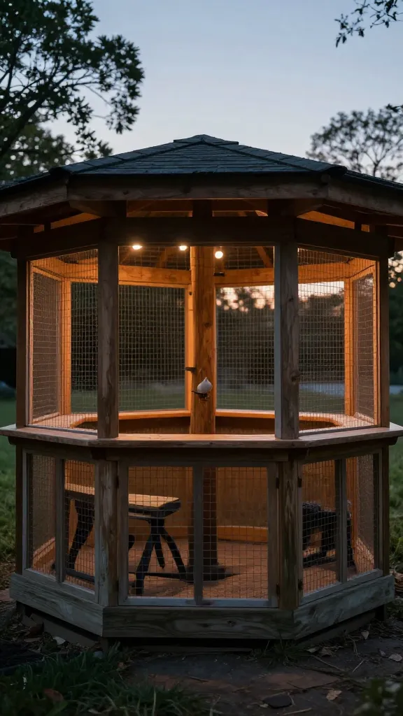 roost bar inside fully enclosed coop at dusk