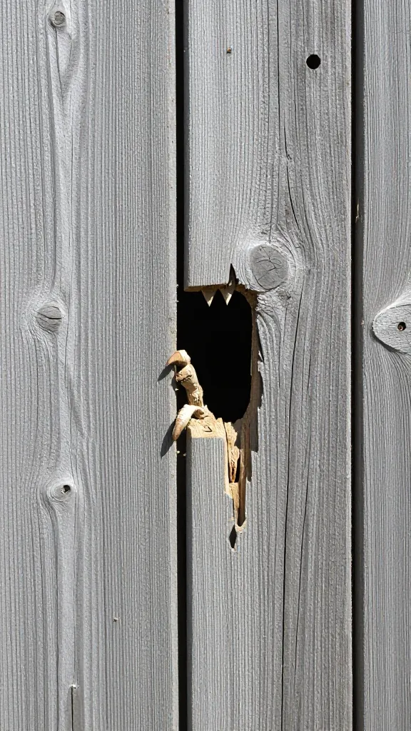 claw gouges on weathered wooden coop door