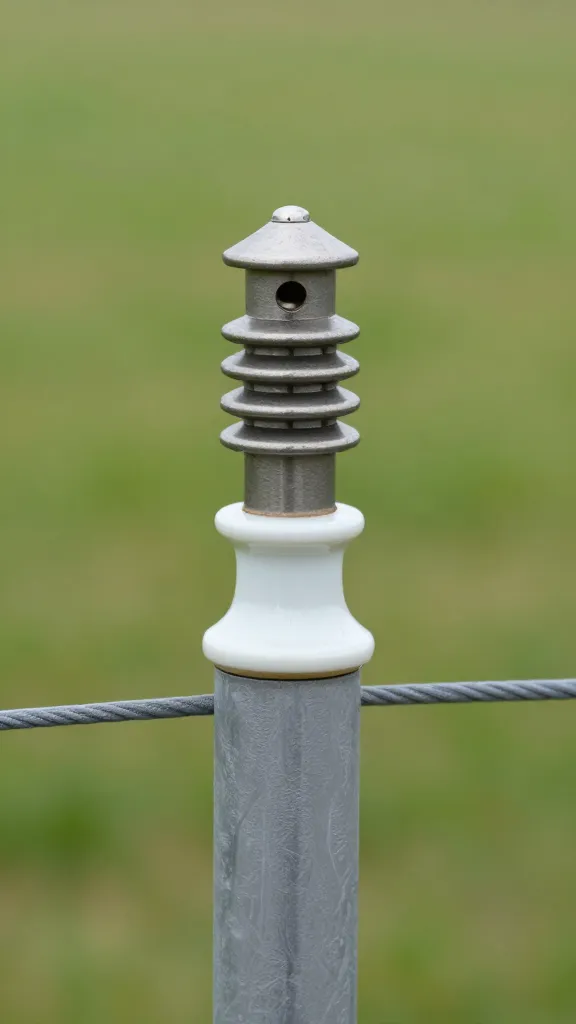 insulated electric fence post with porcelain standoff, closeup