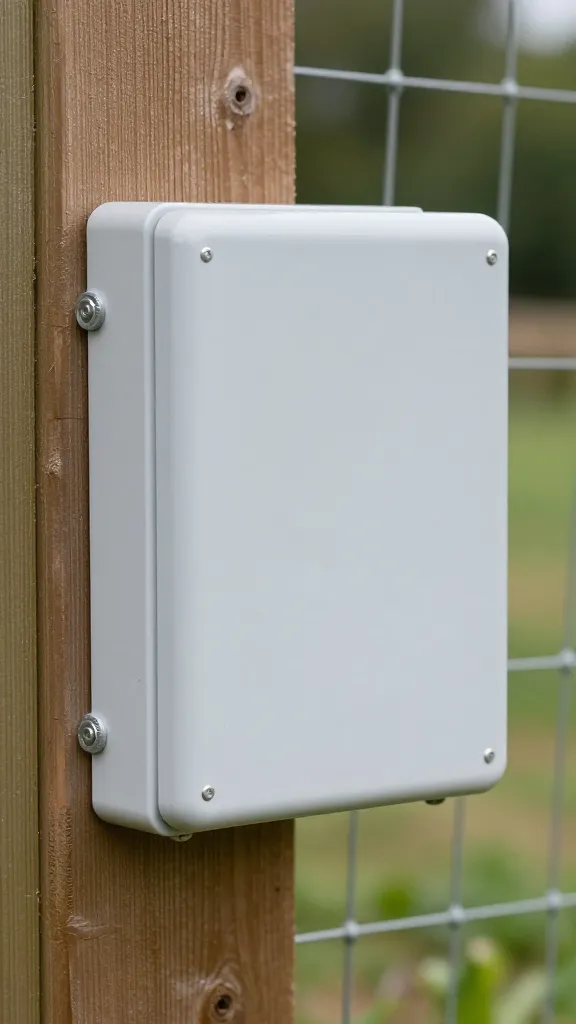 solar fence energizer box mounted on coop wall, closeup