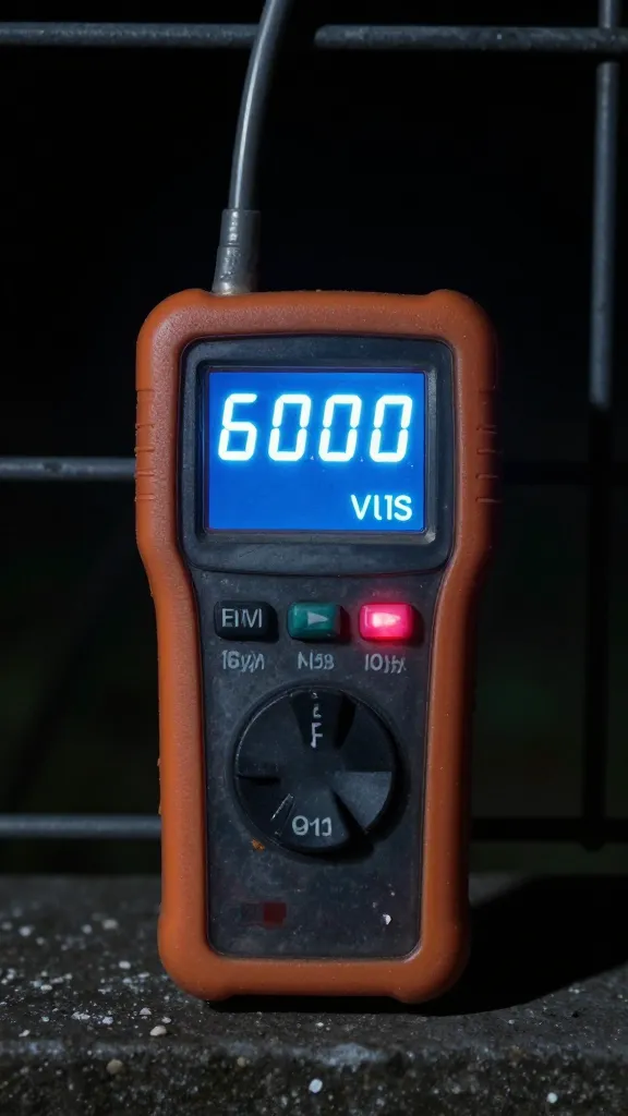 neon fence tester showing 6000 volts at night