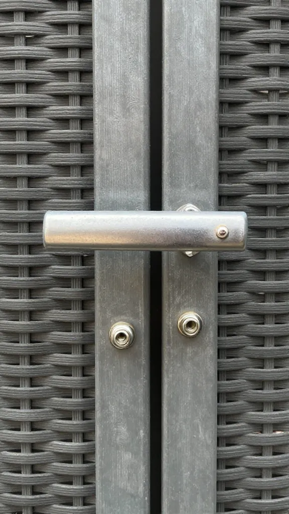 spring-loaded electric gate handle on woven wire, closeup