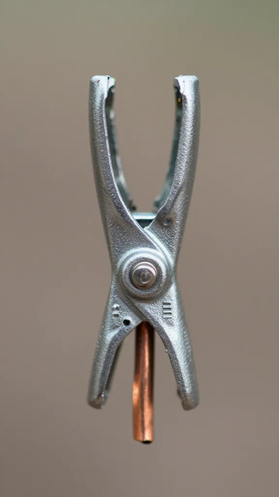 ground rod clamp with copper lead-out wire, macro