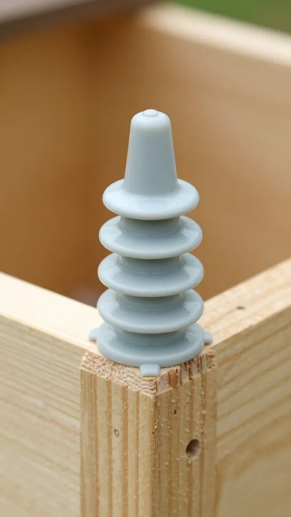 plastic offset insulator on wooden coop frame, closeup