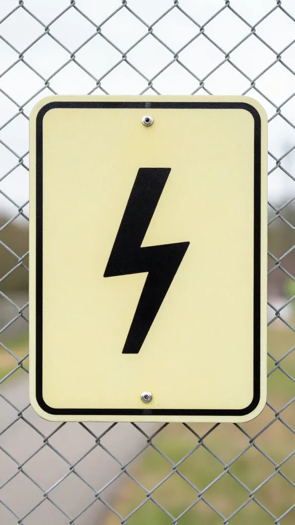 single electric warning sign on wire mesh, closeup