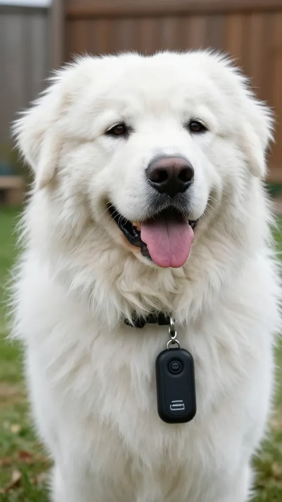 Great Pyrenees wearing GPS collar, closeup in backyard