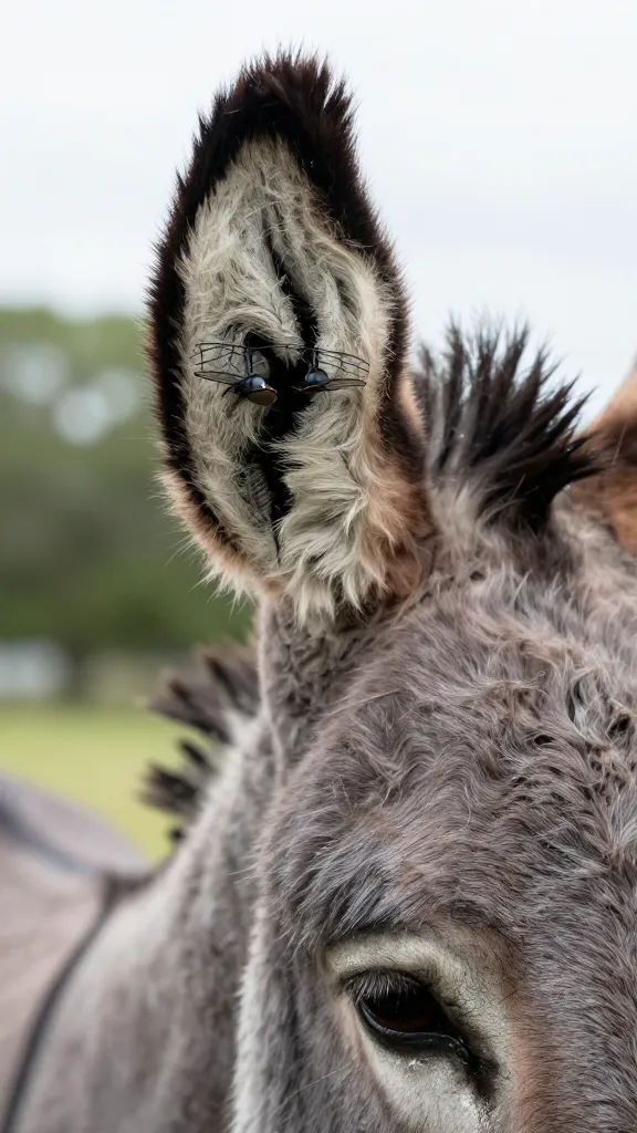 Donkey ear closeup with fly mask, crisp detail