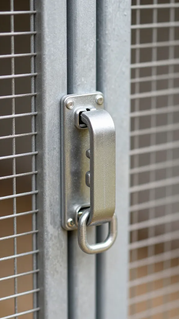 Secure chicken coop latch closeup, predator-proof hardware