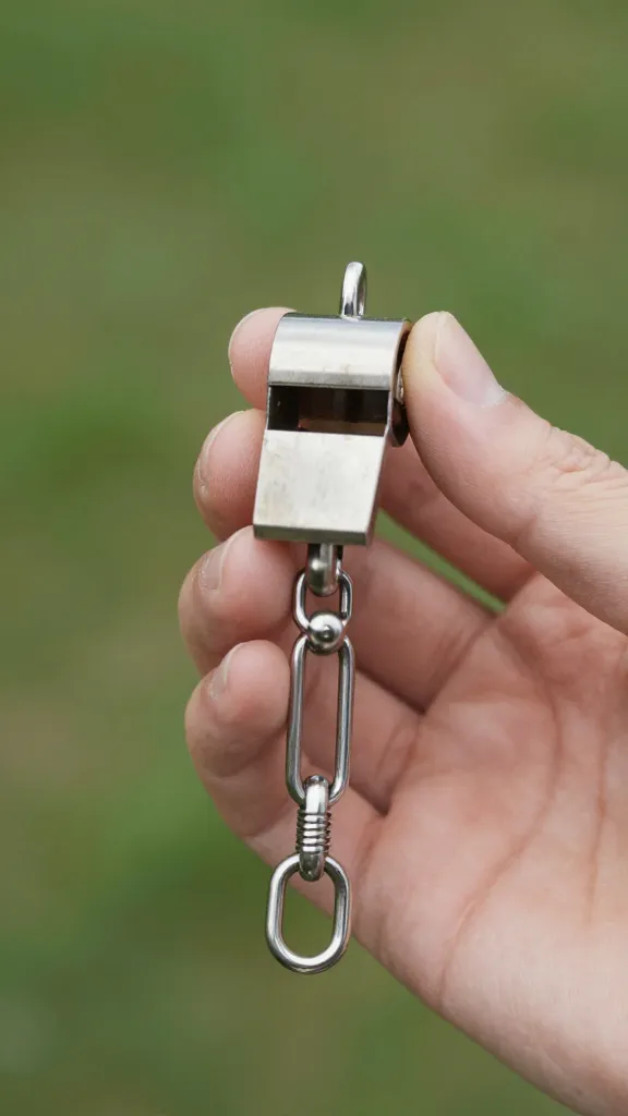 Whistle recall clicker in trainer’s hand, tight crop