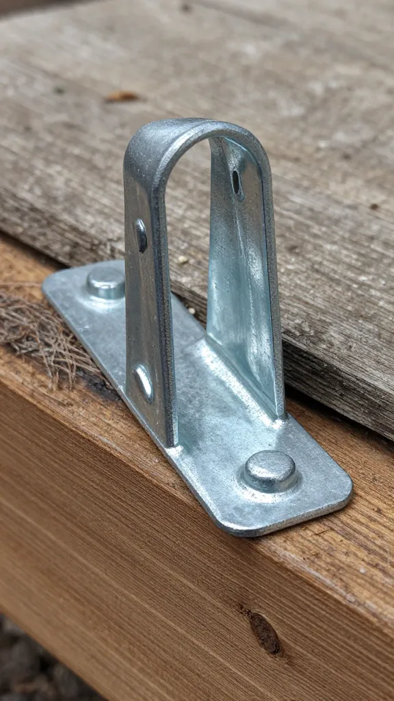 galvanized joist hanger on pressure-treated sill, macro shot