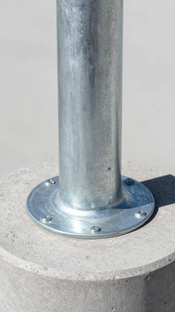 galvanized post base anchored to concrete pier, closeup