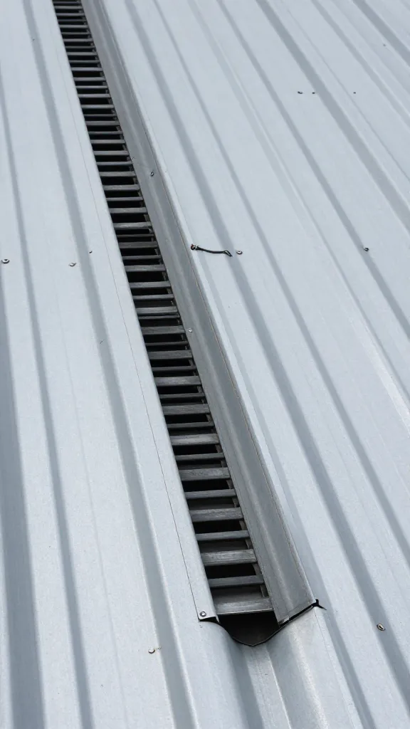 ridge vent strip section, closeup against metal roof panel