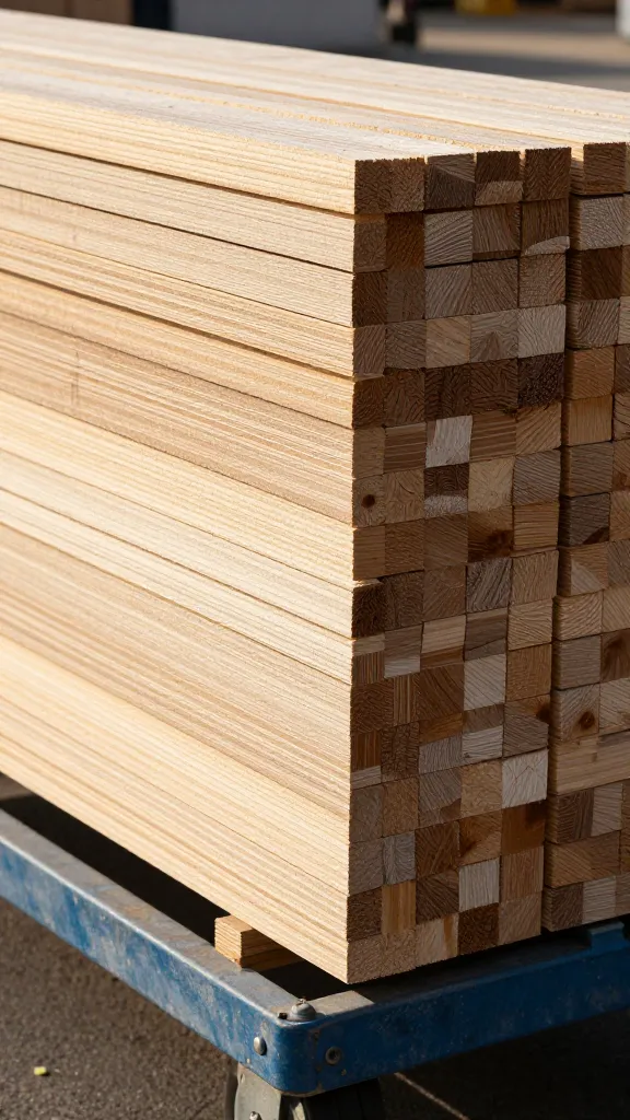 2x4 lumber stack on hardware cart, morning light