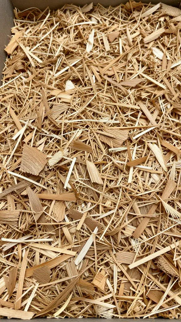 closeup of pine shavings bedding, 8-inch depth, in coop