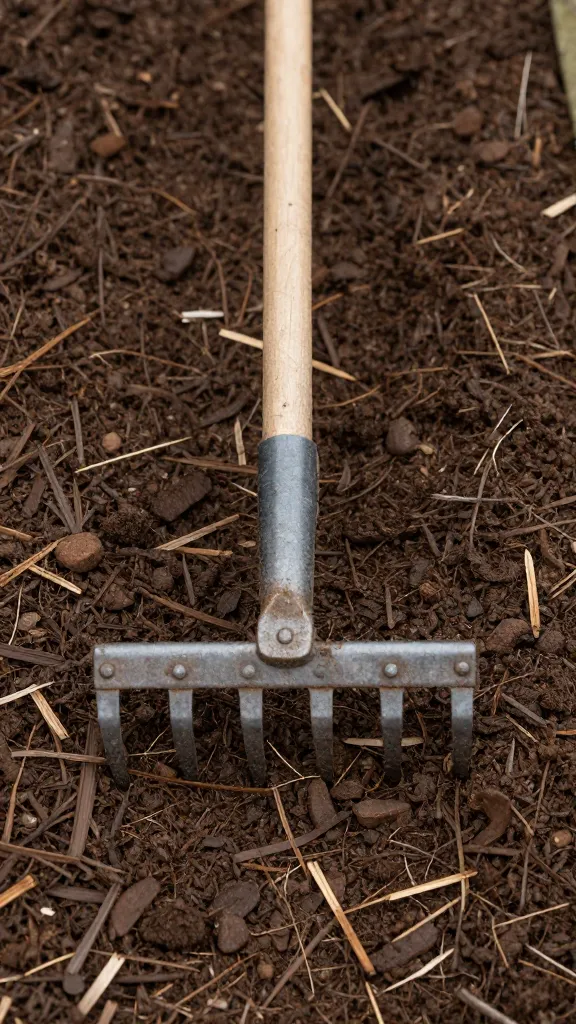 single manure rake stirring deep litter, overhead macro shot