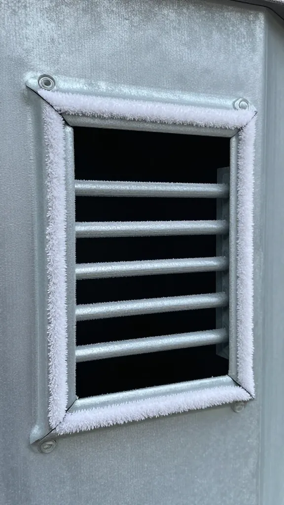 galvanized coop vent with frosty edge, airflow detail