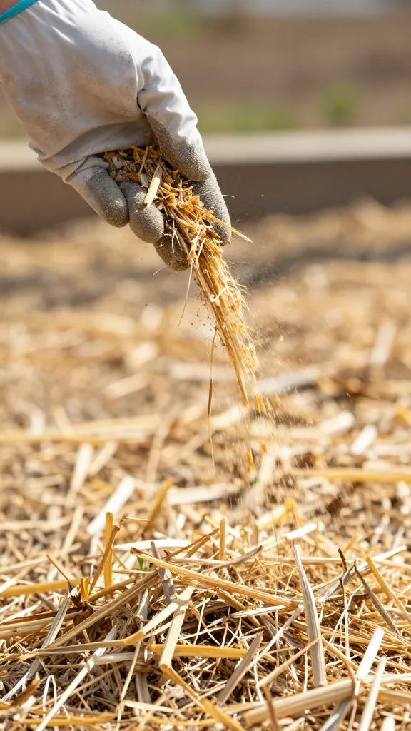 gloved hand sprinkling dry chopped straw onto litter