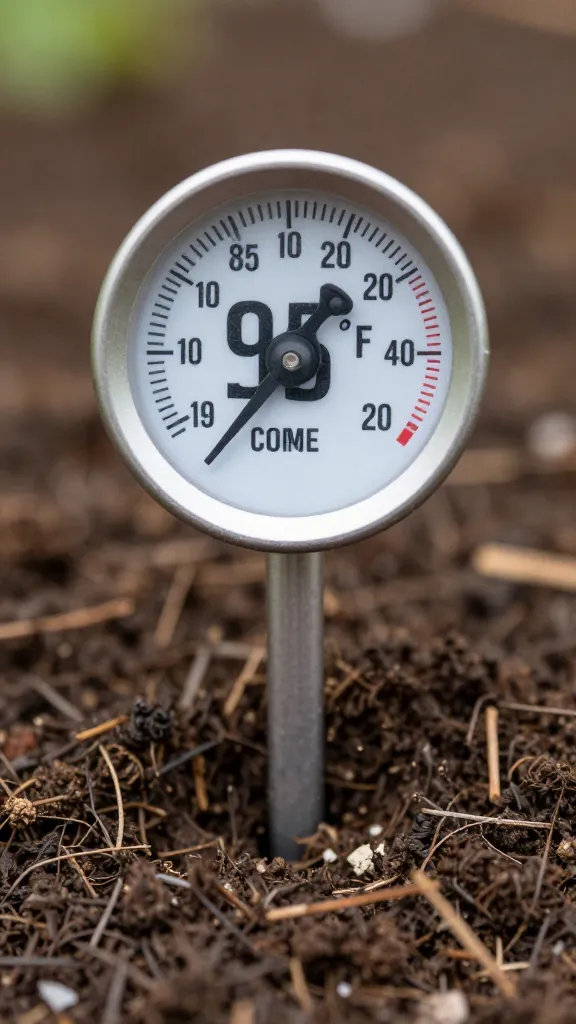 compost thermometer reading 95°F inserted in bedding