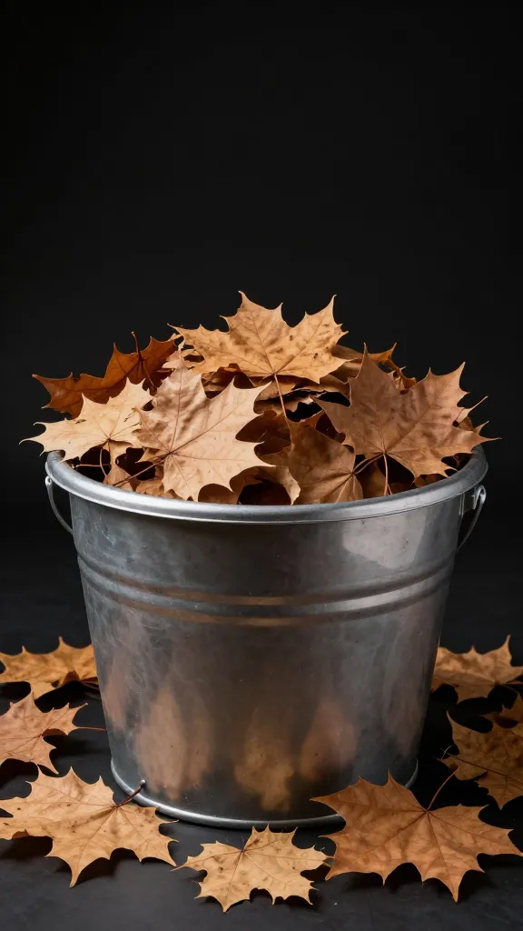 bucket of dried maple leaves for bedding, studio lighting