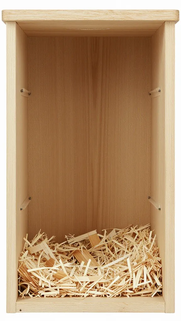 lone nest box liner with clean pine shavings, shallow depth of field