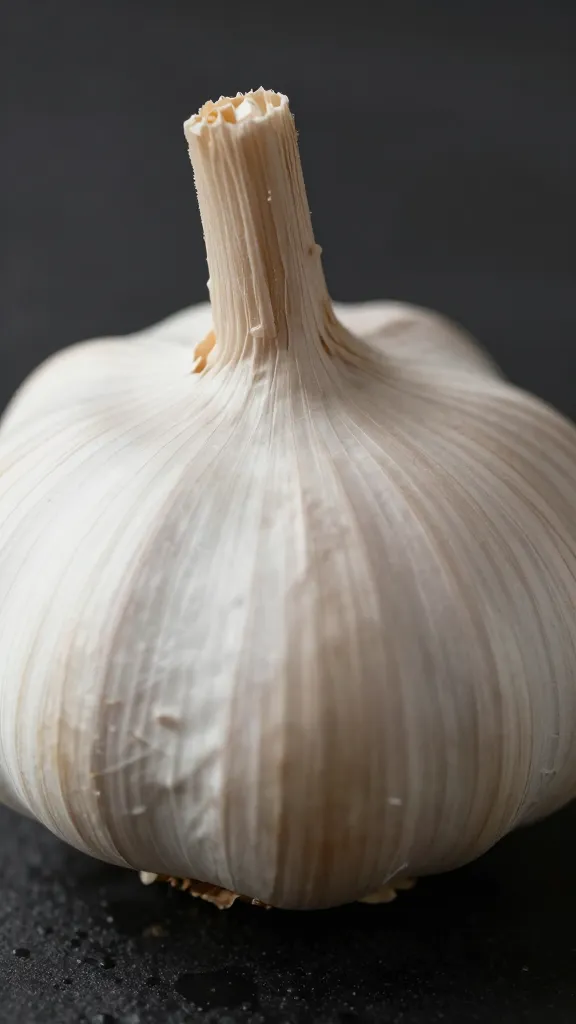 single garlic clove with papery skin, macro shot
