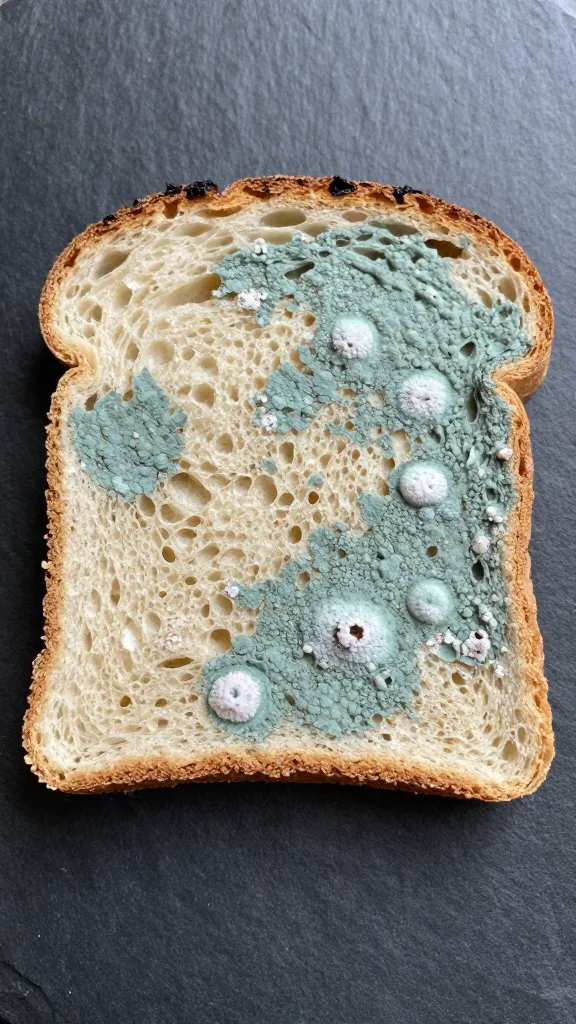 closeup of moldy slice of bread on slate surface