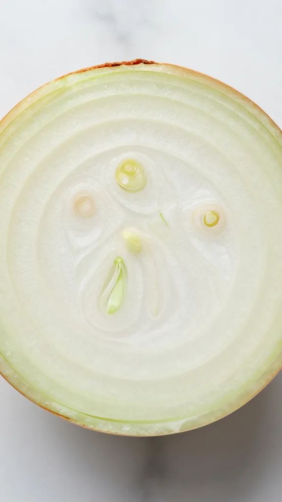 closeup of onion cross-section showing rings, on marble