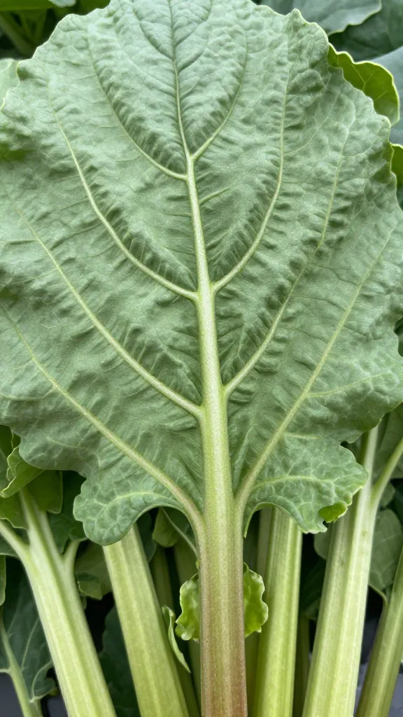 closeup of raw rhubarb leaf with prominent veins