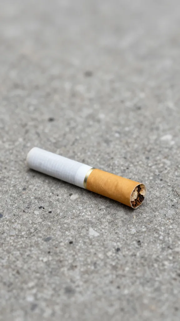 single cigarette butt on concrete, shallow depth of field