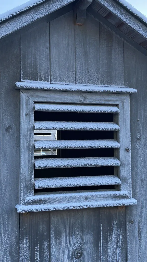 frost-dusted coop vent above roost, tight shot