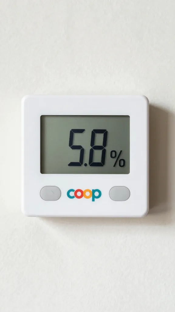 digital hygrometer reading 55% on coop wall