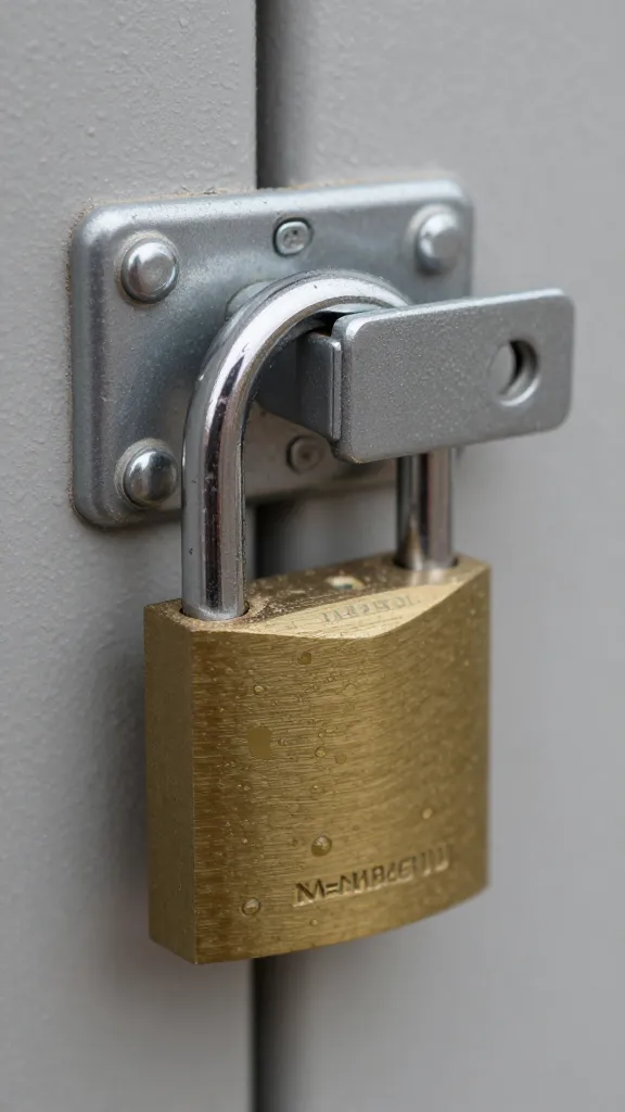exterior coop latch with weatherproof padlock, macro