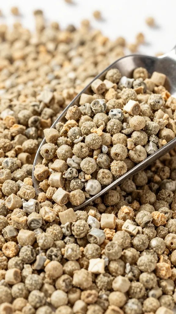 feed scoop of layer pellets with oyster shell dusting