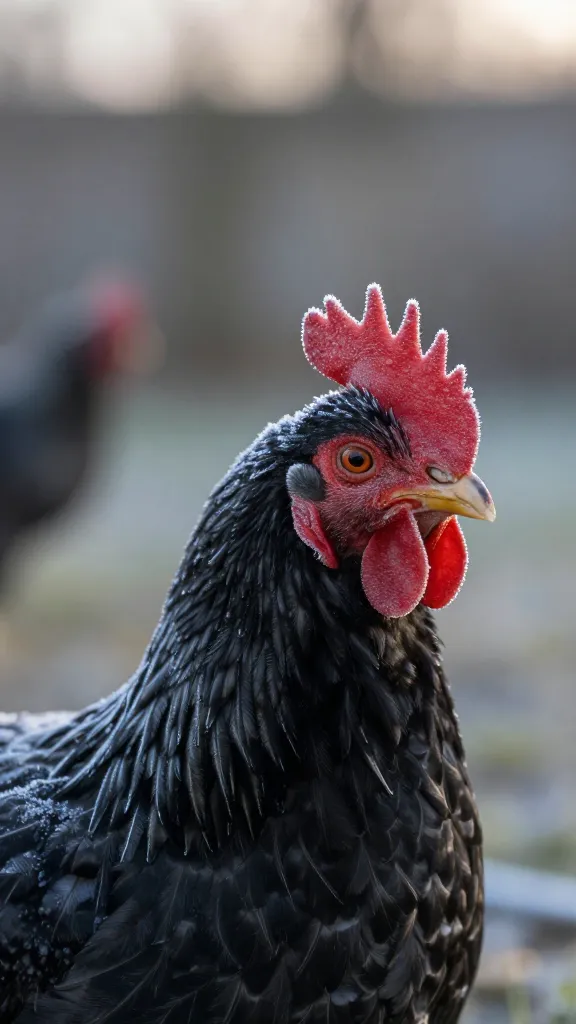 frost-tipped chicken comb in predawn coop light