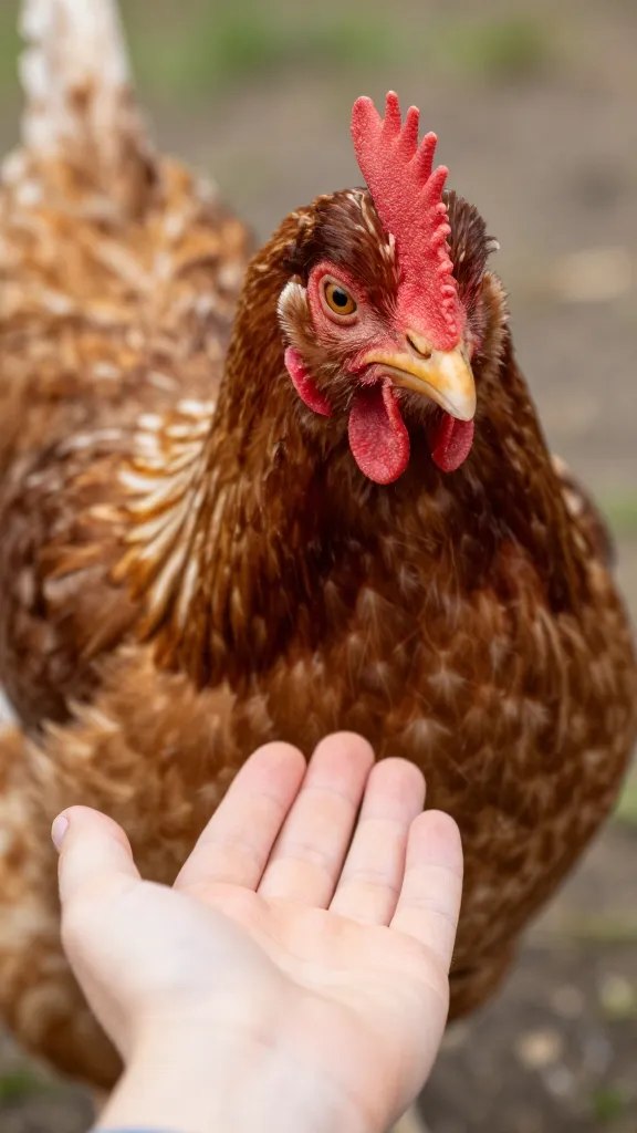 Buff Orpington hen, closeup, child’s hand reaching palm-up