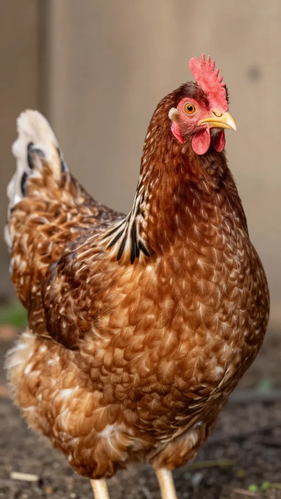 Barred Plymouth Rock hen, eye-level portrait, soft barn light