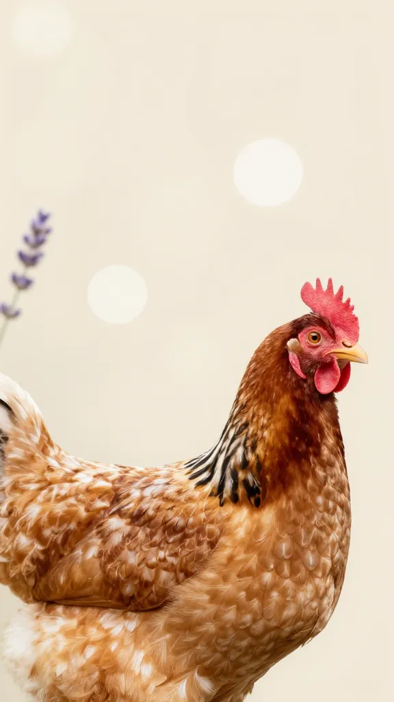 Lavender Orpington hen, side profile, creamy bokeh background
