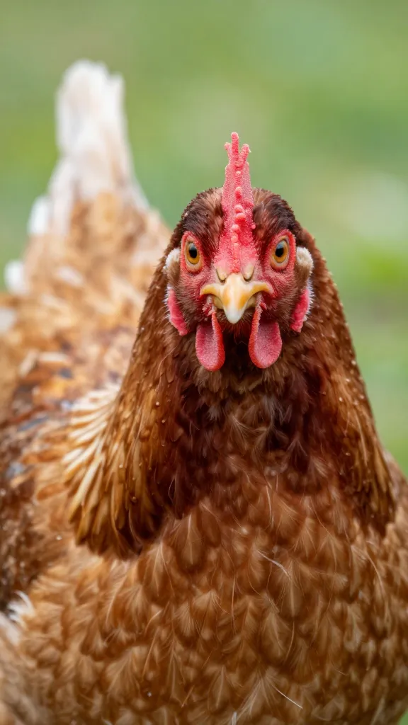 Sussex hen, close beak-to-lens approach, shallow depth