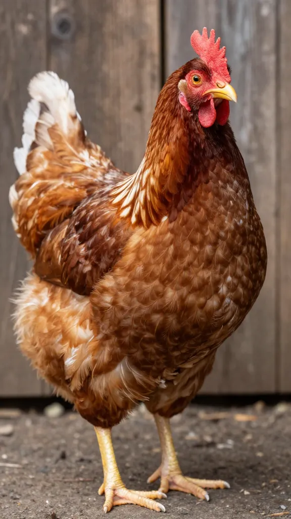 Cochin hen, feathered feet closeup, rustic wood backdrop