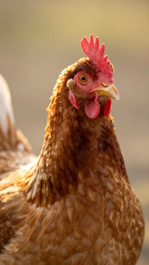 Wyandotte hen, three-quarter headshot, golden hour rim light