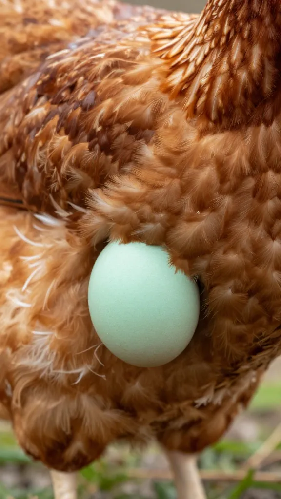Easter Egger hen, single green egg beneath breast, soft focus