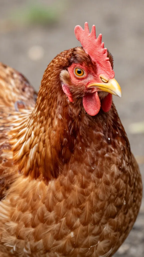 single hen with fluffed contour feathers, closeup